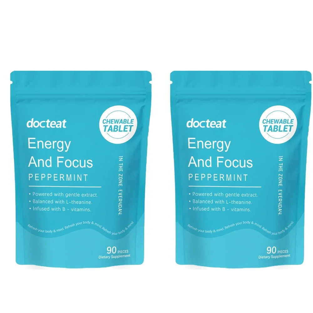 Docteat Peppermint Energy & Focus Chewable Tablets with L-Theanine and B Vitamins for Daily Vitality Support, 90 Tablets