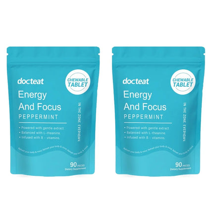 Docteat Peppermint Energy & Focus Chewable Tablets with L-Theanine and B Vitamins for Daily Vitality Support, 90 Tablets