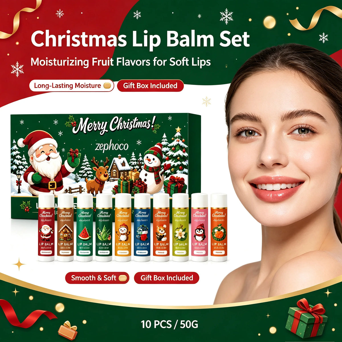 Christmas Lip Balm Set Moisturizing Multi-Flavor Long-Lasting Fruity Lip Care for Dry Cracked Lips Holiday Gift Stocking Stuffer