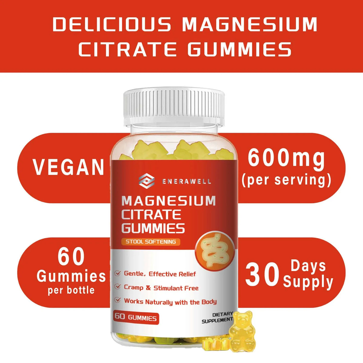 Magnesium Citrate Gummies - Promate Relaxation, Bone Health, Sleep, Heart Health, Nerves, Muscles, and Metabolism, 60 Gummy