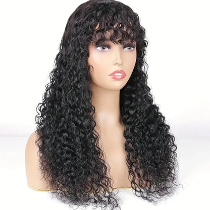 30inch Water Wave Human Hair Wigs With Bang Glueless Fringe Wig Kinky Deep Water Wig With Bangs Full Machine Made Wig Easy To Go