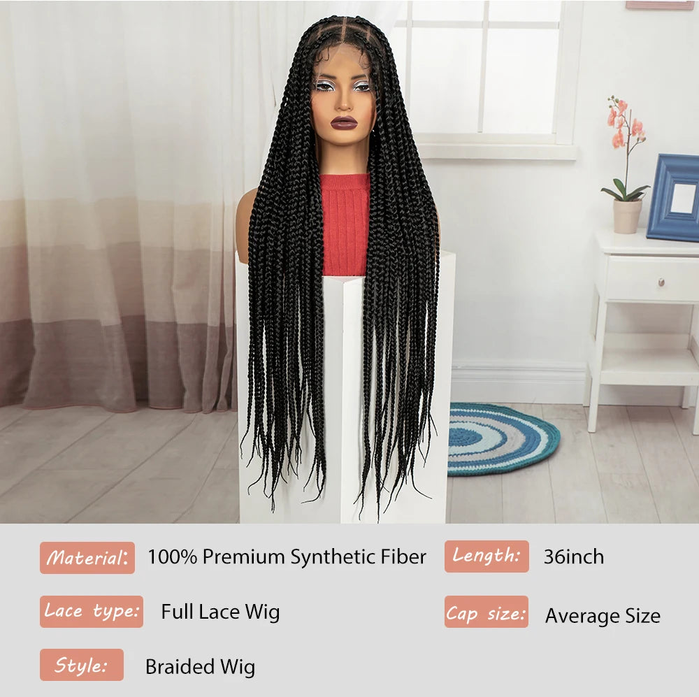 36inch Box Braided Wigs Synthetic Full Lace Braiding Hair Wigs Knotless Lace Frontal Braids Wig with Baby Hair for Black Women