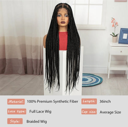 36inch Box Braided Wigs Synthetic Full Lace Braiding Hair Wigs Knotless Lace Frontal Braids Wig with Baby Hair for Black Women
