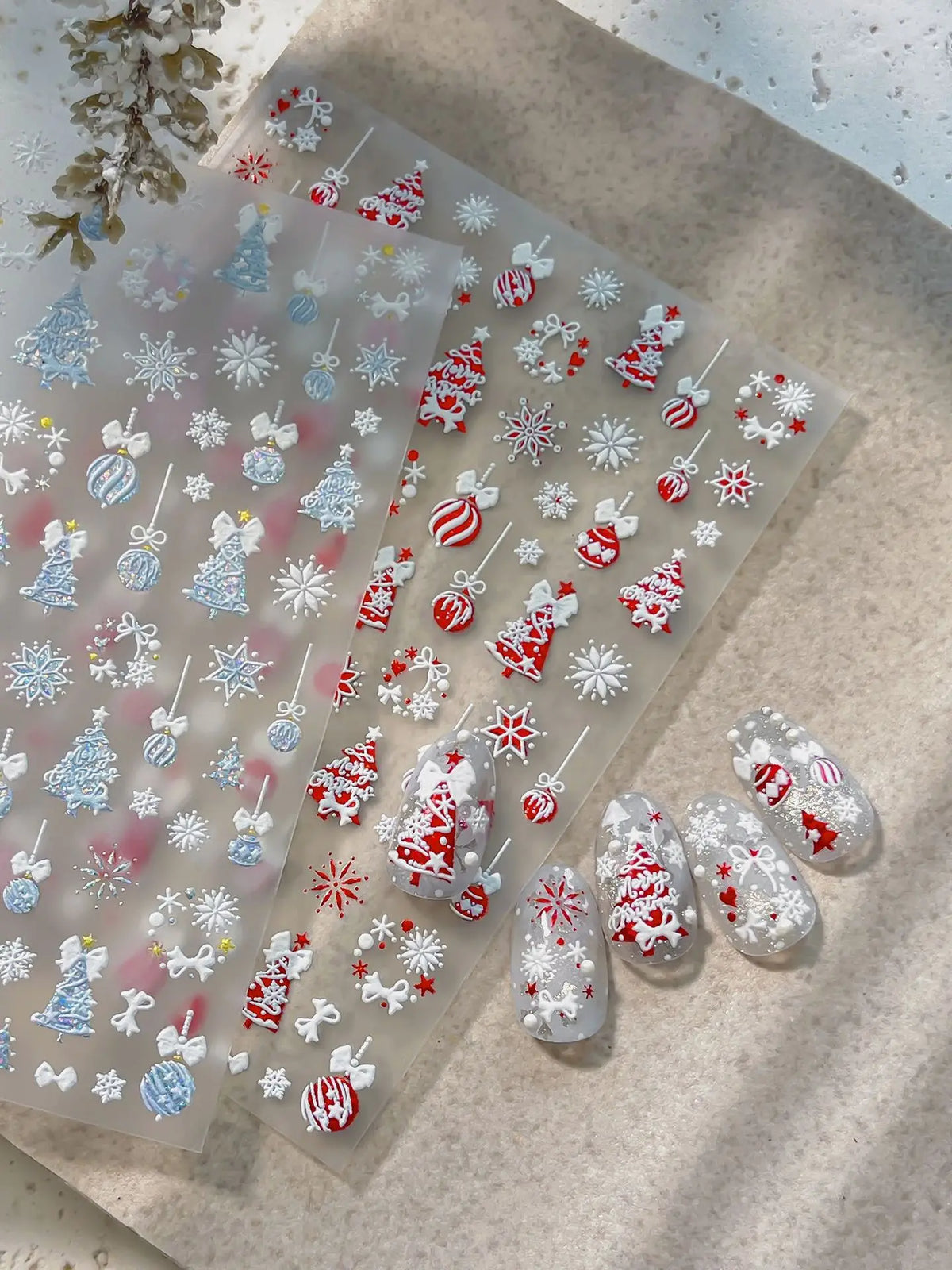 Tender Blue Christmas Tree Hanging Ball Ribbon Gold Star Snowflakes Bowknot Ring Adhesive Nail Charms Art Sticker Manicure Decal