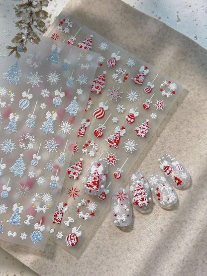 Tender Blue Christmas Tree Hanging Ball Ribbon Gold Star Snowflakes Bowknot Ring Adhesive Nail Charms Art Sticker Manicure Decal