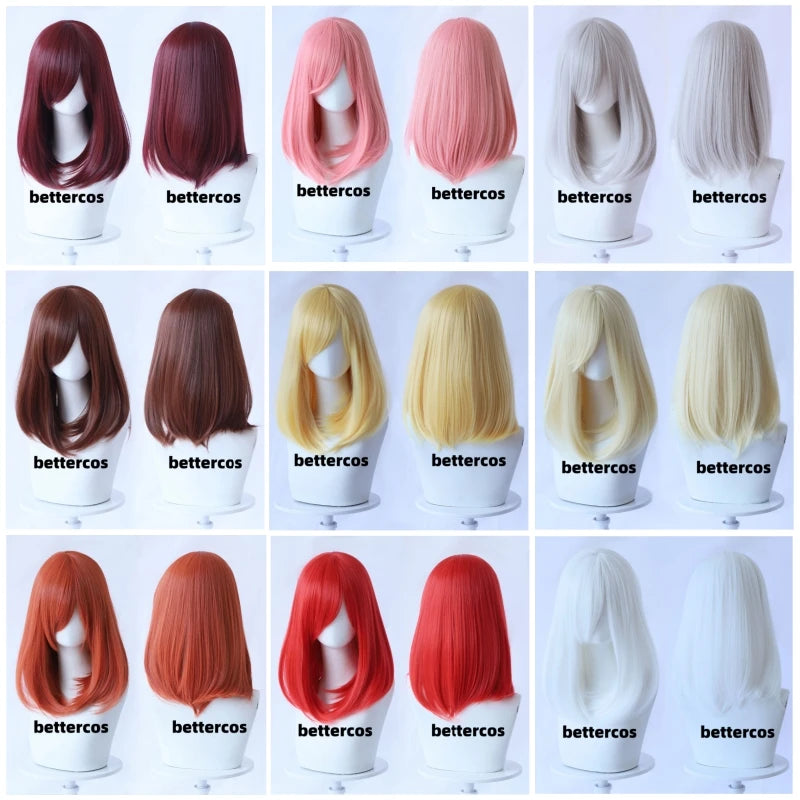 High Quality 40cm Medium Cosplay Wig With Bang Blond Pink Red White Gray Heat Resistant Synthetic Hair Wigs + Wig