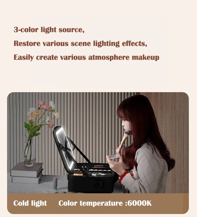 Cosmetic Portable Travel Storage Box With 2000mAh Led Rechargeable Vanity Bags Makeup Case With Led Light Mirror