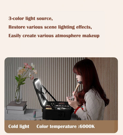 Cosmetic Portable Travel Storage Box With 2000mAh Led Rechargeable Vanity Bags Makeup Case With Led Light Mirror