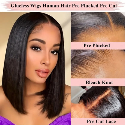 5x5 Glueless Bob Wigs Human Hair Pre Plucked Pre Cut Wear and Go 13x6 HD Lace Front Closure Wig Straight Short Wig 250 Density