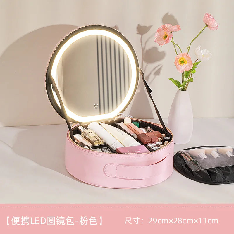 Cosmetic Portable Travel Storage Box With 2000mAh Led Rechargeable Vanity Bags Makeup Case With Led Light Mirror