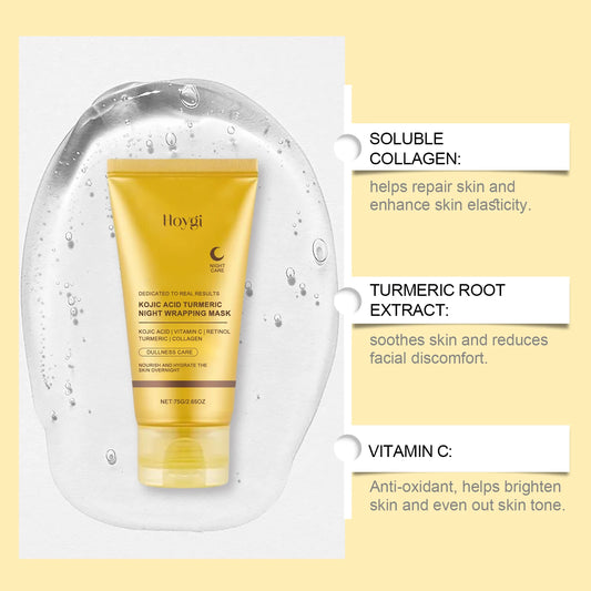 HOYGI Kojic Acid Turmeric Mask Overnight Peel off Mask Collagen Nourishing Hydrating Shrink Pores Brighten Dullness Skin Care
