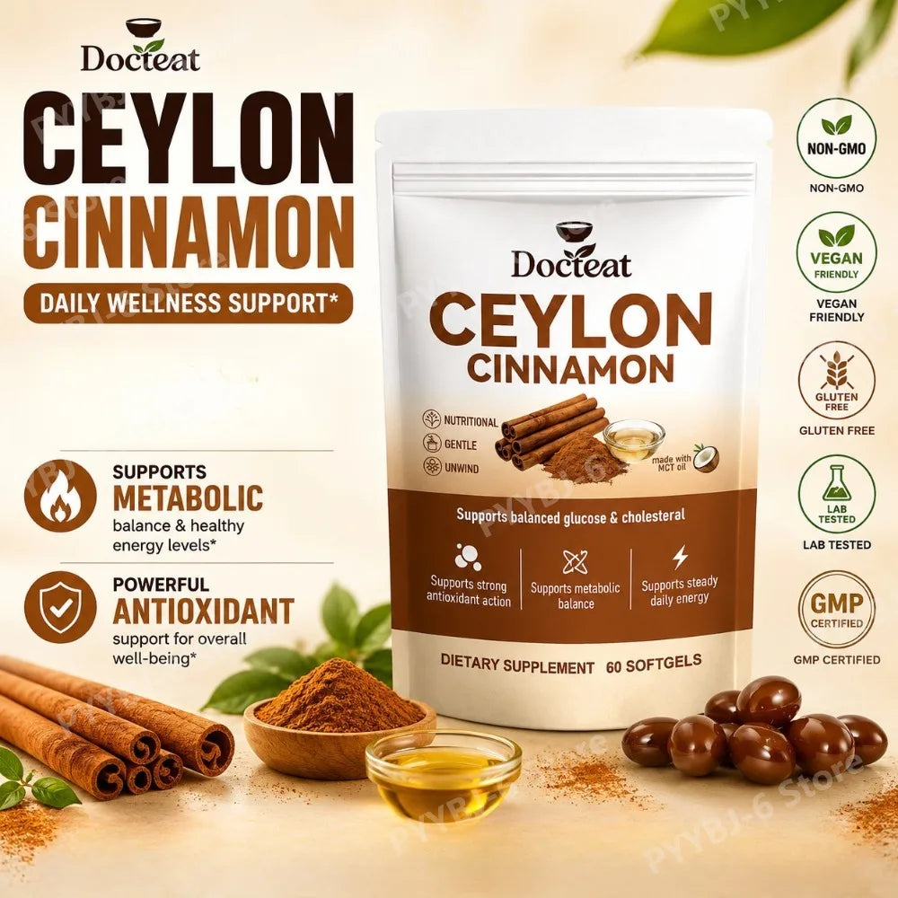Docteat Energy Support Softgels Ceylon Cinnamon Antioxidant Action and Metabolic Balance 60 CT for Adults Daily Vitality