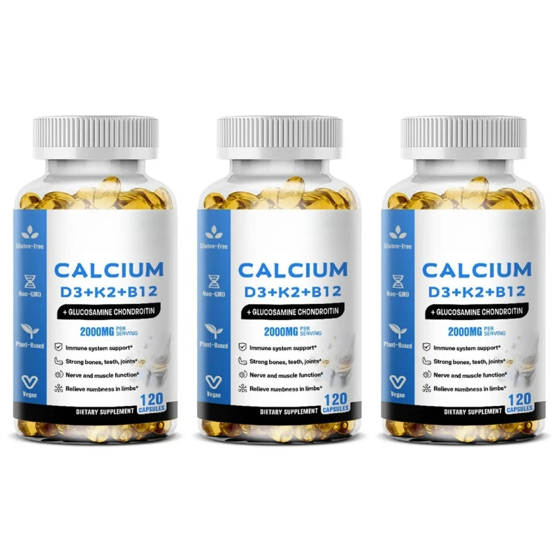 Calcium D3 K2 B12 Capsules for Bone, Teeth & Joint Support, Muscle, Immune & Nerve Health, Gluten-Free & Non-GMO, 120 Capsules