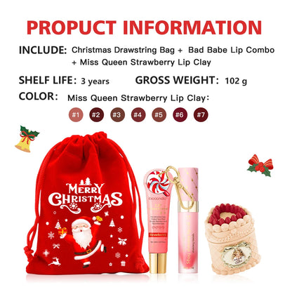 Christmas Limited 2‑in‑1 Lip Gift Set Strawberry Cake Mousse Matte Lip Mud Santa Red Velvet Pouch Lip Balm Lip Oil 7 Shades