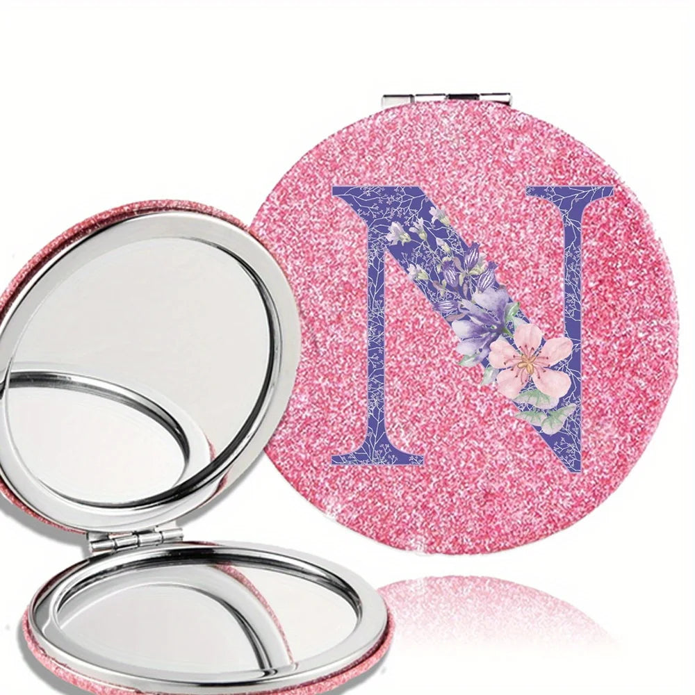 Women Folding Makeup Mirror Facial Beauty Makeup Care Tool Durable PU Surface Waterproof Ideal Party Gift Pink Flower Pattern
