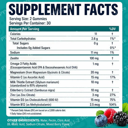 Zeolite Gummies 60 Count Contain Multivitamin Omega-3 Magnesium and Elderberry Support Detoxification & Immune System Health