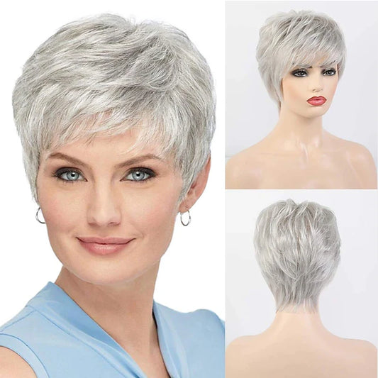 HAIRJOY Synthetic Short Grey Wigs for White Women Mixed Gray Silver Curly  Wigs with Bangs Grandma  Short Hair Wigs