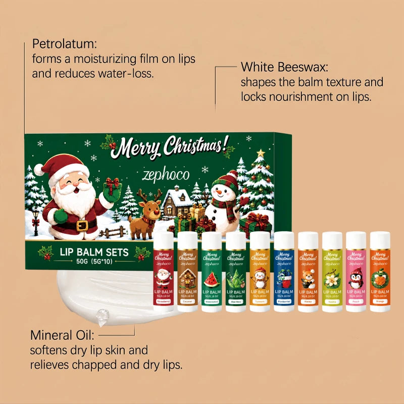 Christmas Lip Balm Set 10Pcs Multiple Flavors Moisturizing Nourishing Dry Lip Care Portable Holiday Gift Lip Balms