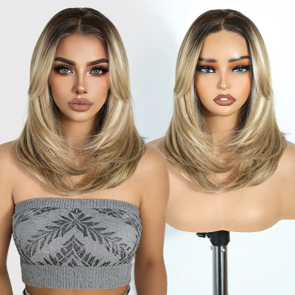 FASHION IDOL 16 Inch 13x3 Lace Front Wigs Synthetic Straight Hair Layered Ombre Brown Free Part Pre-Plucked Bob Wigs for Women