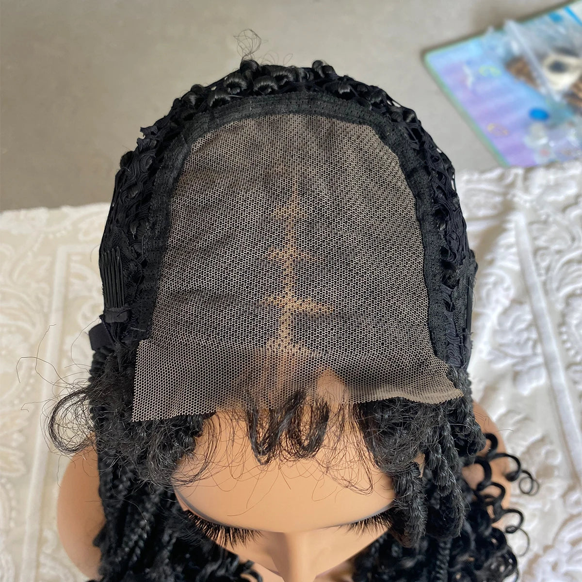 Synthetic Braided Wigs Lace Closure Wigs Curly Ends Box Braided 4x4 Lace Wig with Baby Hair for Black Women Afro Braiding Wigs