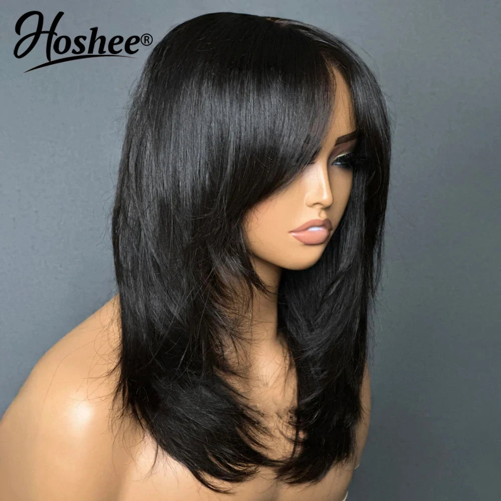 Wear And Go Wig With Layered Bang Glueless Ready To Wear Straight 13x4 Lace Human Hair Wigs For Women 4x4 Lace Closure Wig 250%