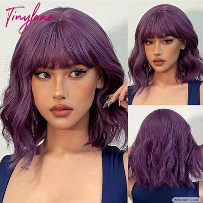 Curly Short Bob Brown Wavy Synthetic Wigs with Bangs Lolita Cosplay Brown Wig for Women Natural Daily Party Hair Heat Resistant