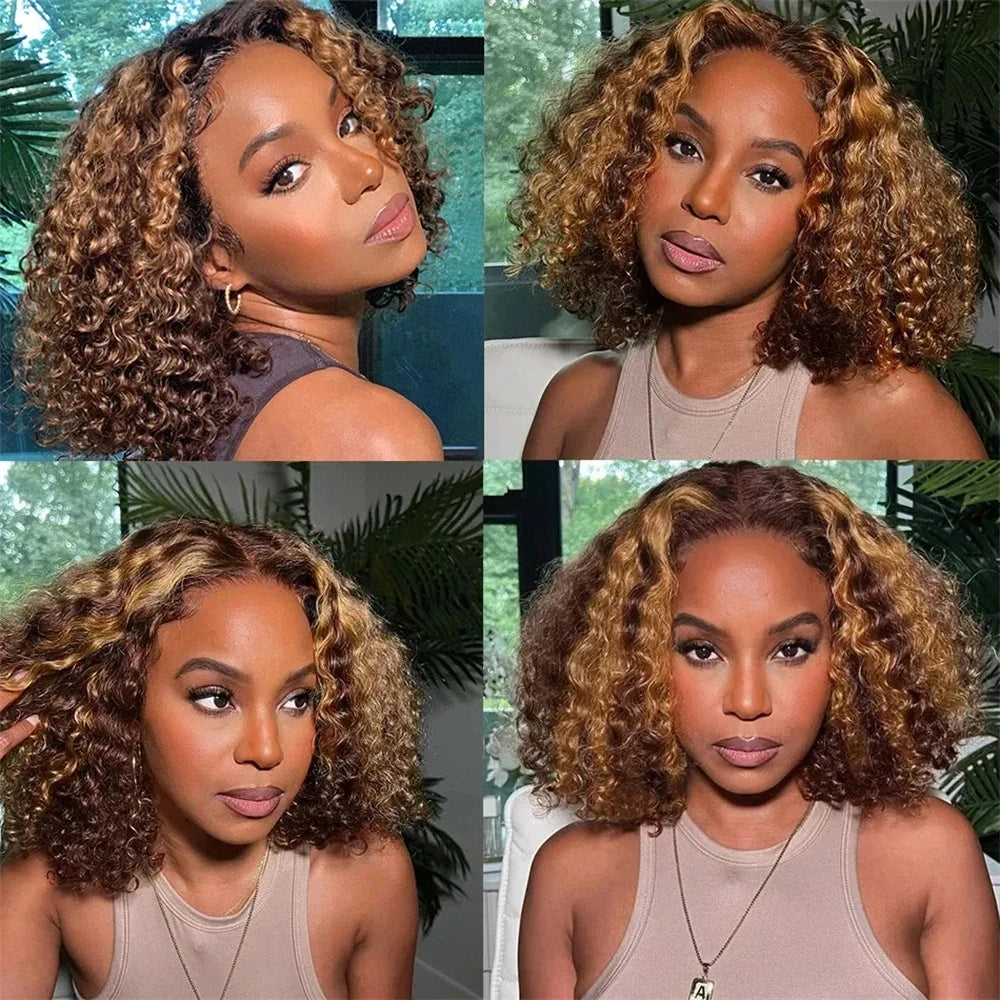 250 Density Highlight Short Bob 100% Human Hair Wigs Water Wave 13x4 HD Lace Front Wigs Ombre Blonde Deep Wave Lace Frontal Wig