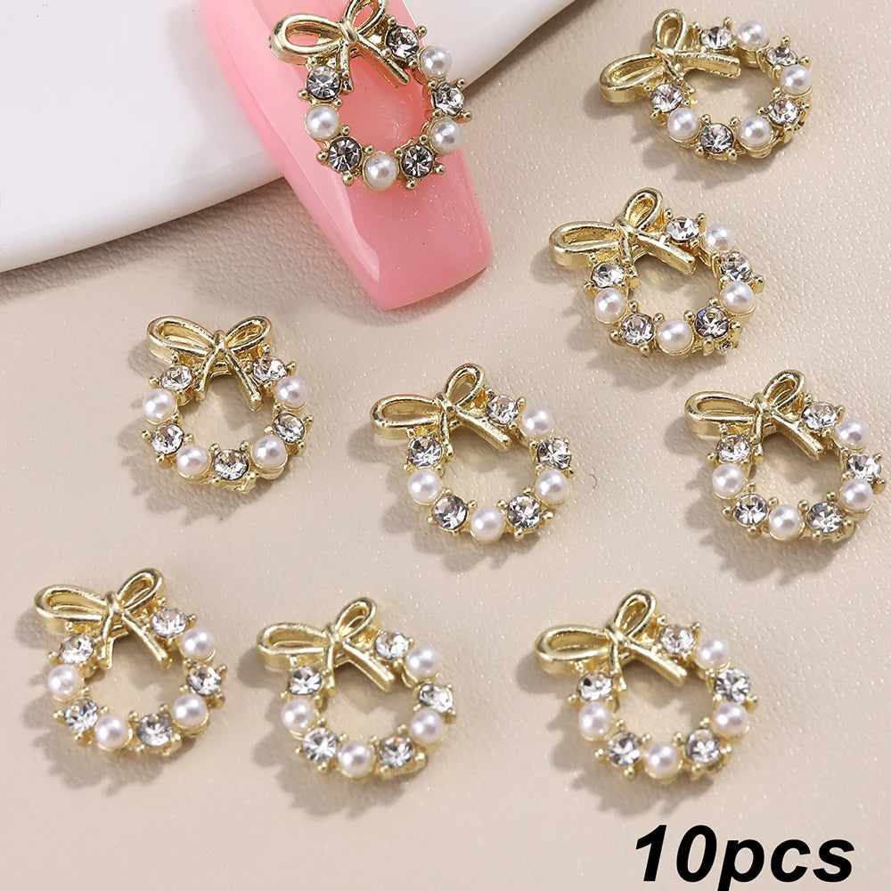 3D Christmas Nail Art Charms; Gold & Silver Bows and Wreaths; Cute Winter Designs for DIY Manicures and Salon Accessories