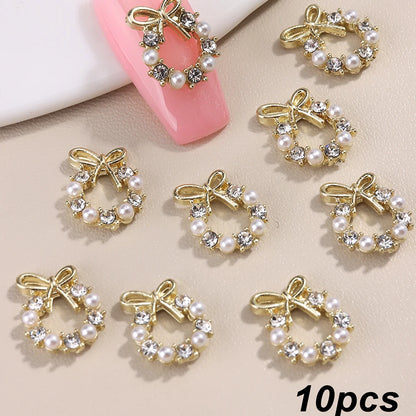 3D Christmas Nail Art Charms; Gold & Silver Bows and Wreaths; Cute Winter Designs for DIY Manicures and Salon Accessories
