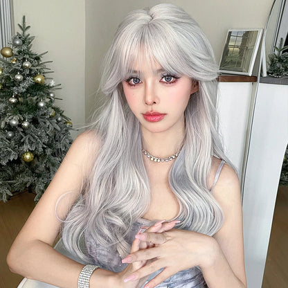 NAMM Costume Wig Synthetic Body Wavy Cool Silvery  Wig For Women Daily Use High Density Layered Hair Wigs With Fluffy Bangs