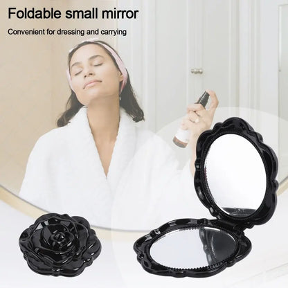 New Double-Sided Rose Flower Makeup Mirror Round Shape Handheld Mini Pocket Mirror Convenient Cosmetic Mirror Travel Beauty Tool