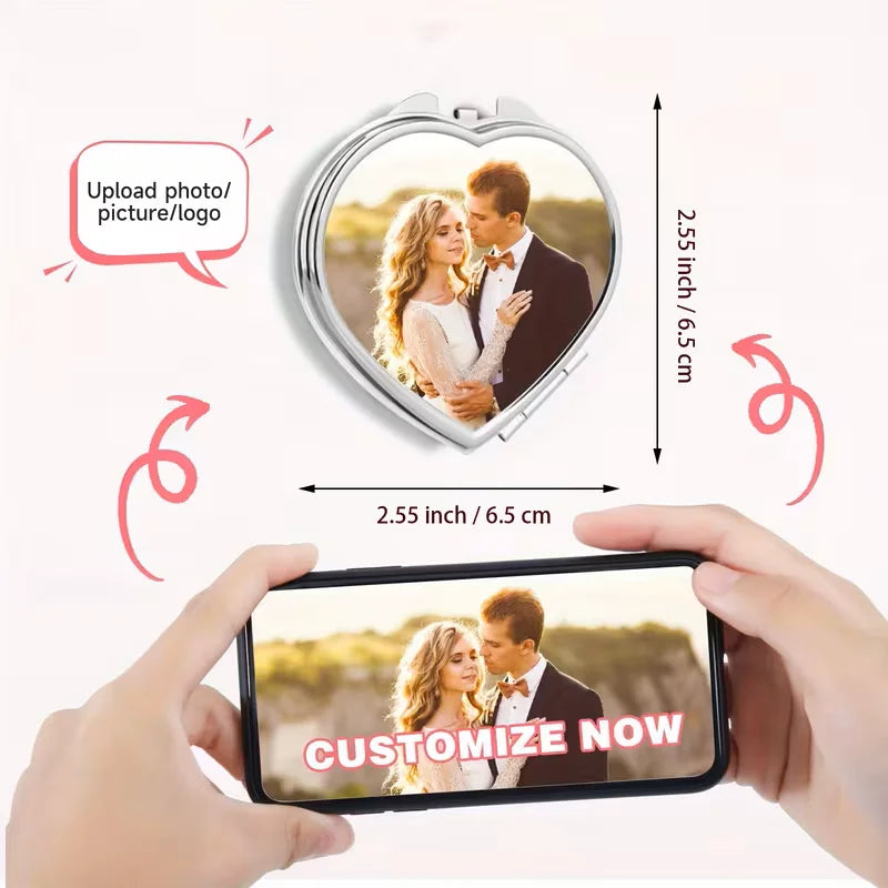 Custom Heart-Shaped Photo Makeup Mirror - Double-Sided Portable Folding Magnifier, Personalized Gift for Wife/Mom/Girlfriend