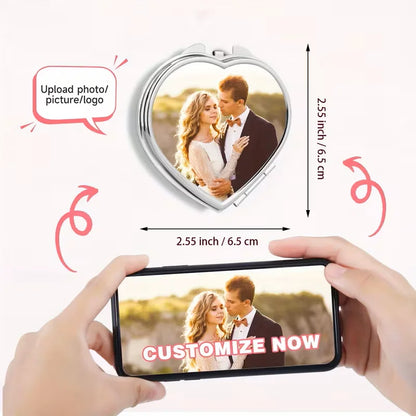 Custom Heart-Shaped Photo Makeup Mirror - Double-Sided Portable Folding Magnifier, Personalized Gift for Wife/Mom/Girlfriend