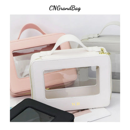 Custom Genuine Leather Travel Cosmetic Bag Set Colorful Classic Saffiano Portable Travel Clear PVC Cosmetic Bag TPU Wash Bag