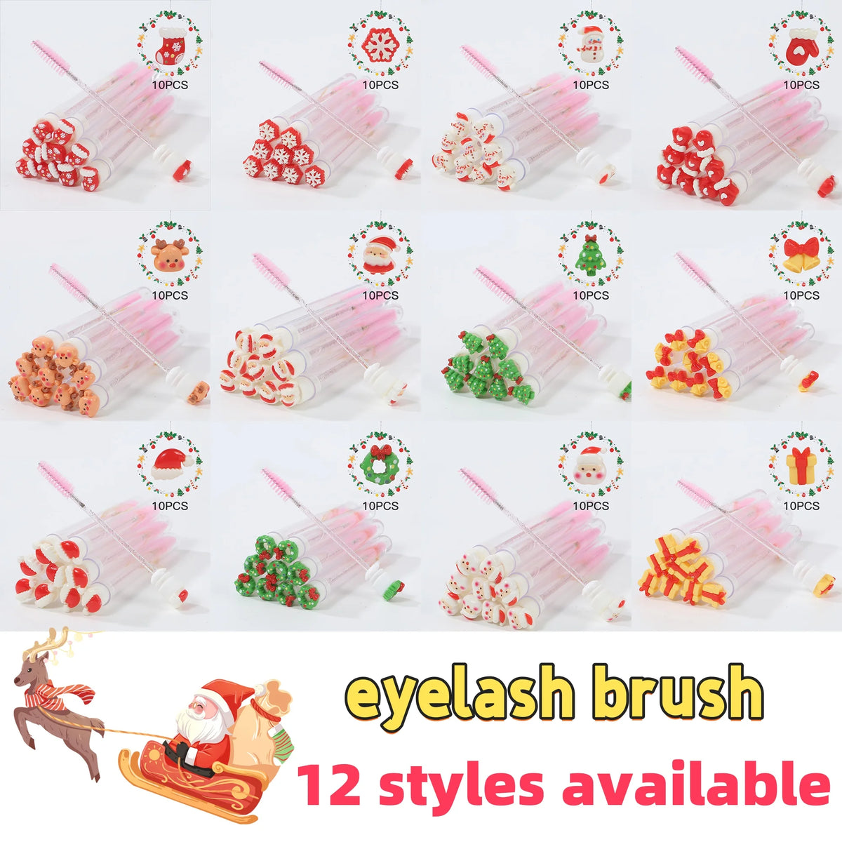 10Pcs Christmas Eyelash Brushes Set Santa Mascara Wand with Case Spoolie Eyebrow Comb Festive Makeup Tool Xmas Gift for Women