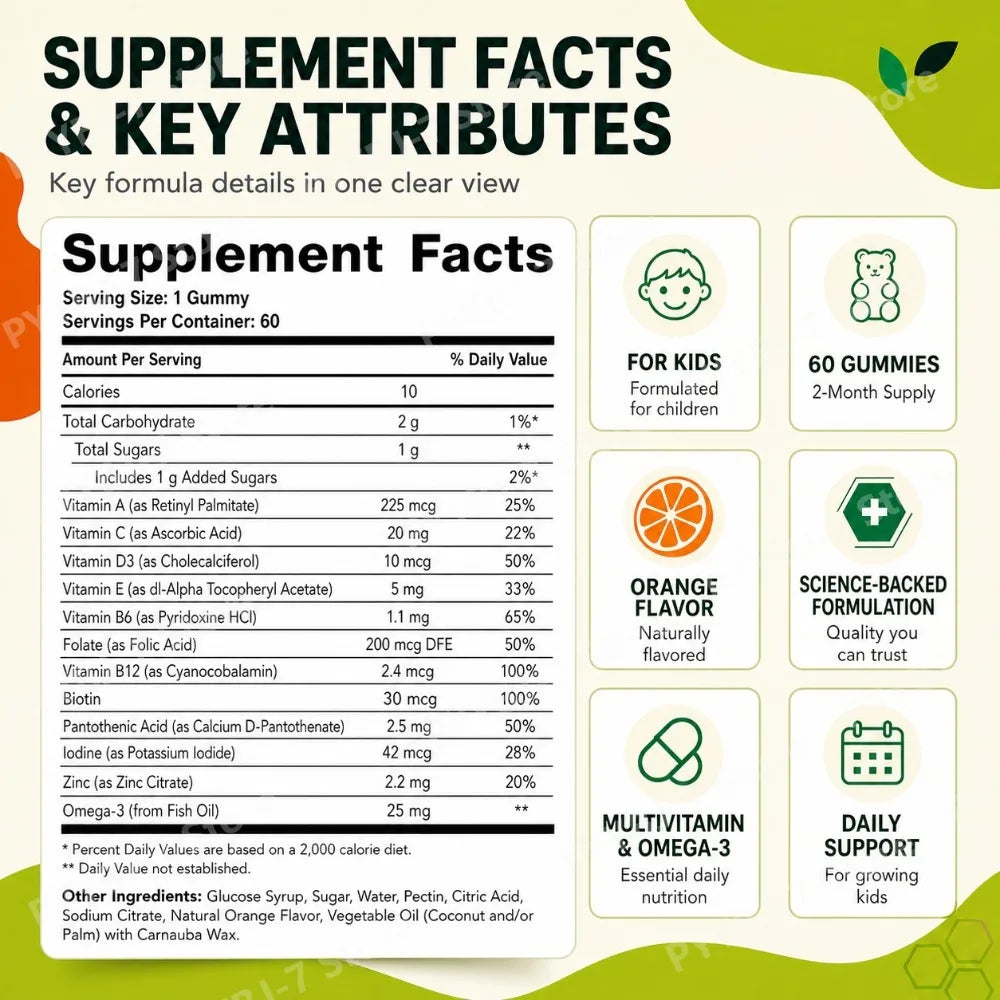Googeer Kids Multivitamin Omega-3 Gummies with Vitamin C, D3 & Zinc, Supports Growth, Appetite & Metabolism Children, 60 Gummies