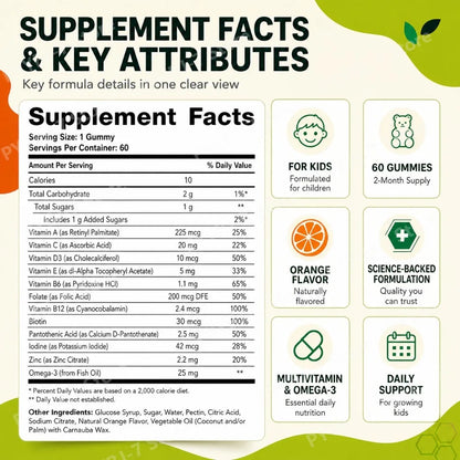 Googeer Kids Multivitamin Omega-3 Gummies with Vitamin C, D3 & Zinc, Supports Growth, Appetite & Metabolism Children, 60 Gummies