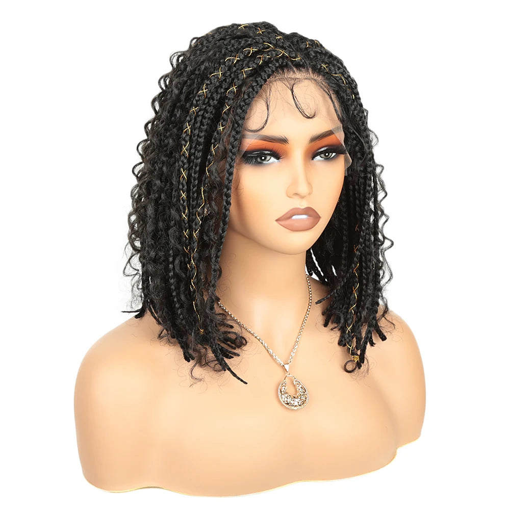 12 Inch Short Synthetic Boho Braided Wigs With Baby Hair Curly Lace Front Wigs for Black Women Box Braiding Wig Natural Looking