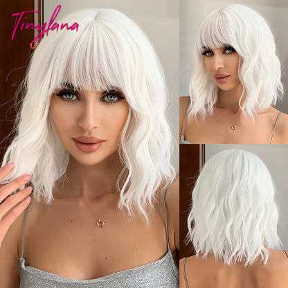 Curly Short Bob Brown Wavy Synthetic Wigs with Bangs Lolita Cosplay Brown Wig for Women Natural Daily Party Hair Heat Resistant