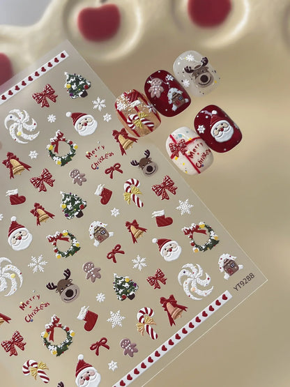 2026 New 5D Embossed Garland/Christmas Tree Nail Stickers White Snowflakes Bow Star Nail Decals Self-Adhesive Xmas Nail Decor