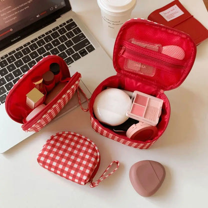 High Quality Red Grid Makeup Bag Multi-size Portable Toiletry Bag Cosmetic Pouch Women Cosmetic Bags & Cases
