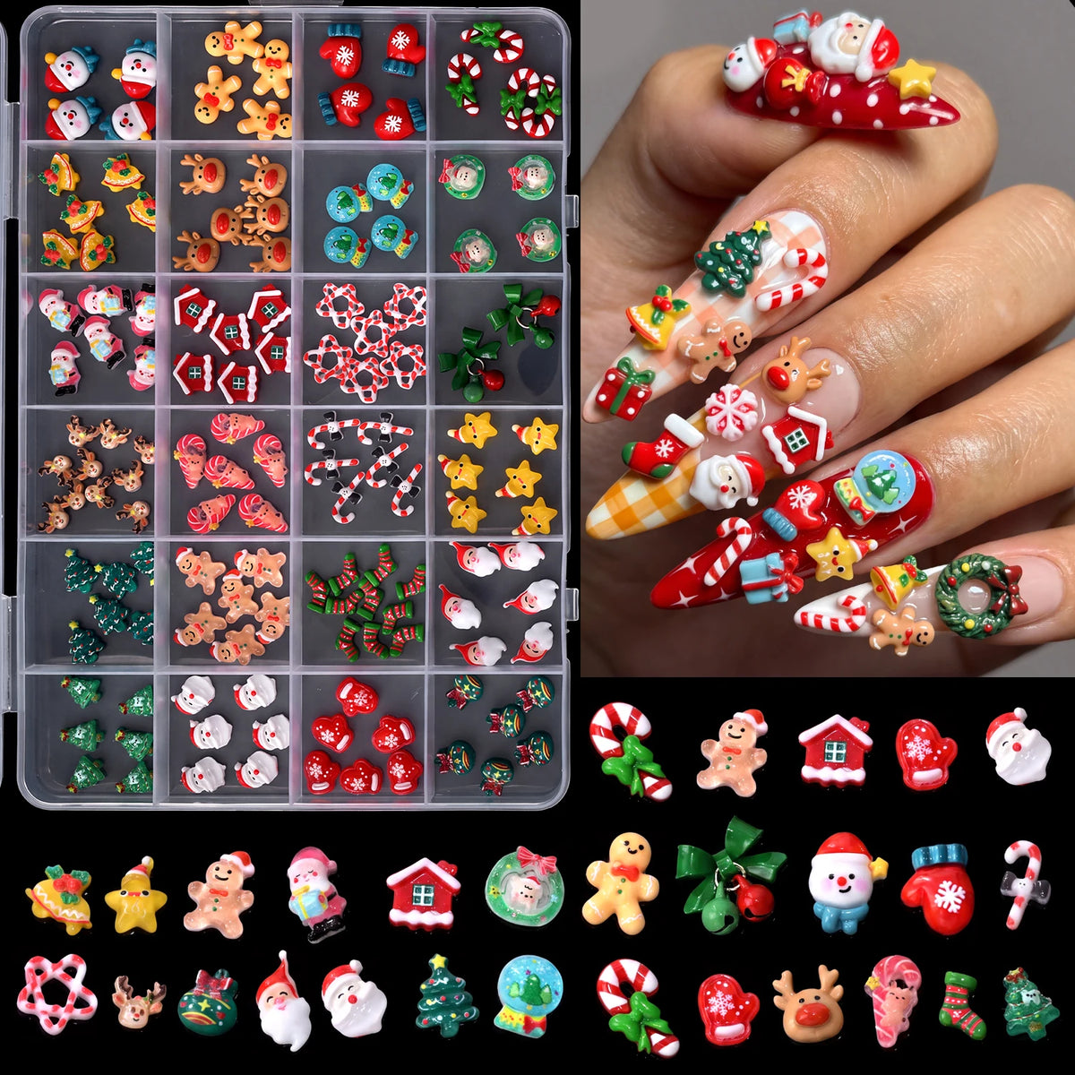 24grid 3D Kawaii Santa Claus/Snowman/Elk/Gloves/Bell/Candy/Christmas Tree Nail Charms Flatback Resin Xmas Winter Nail Rhinestone