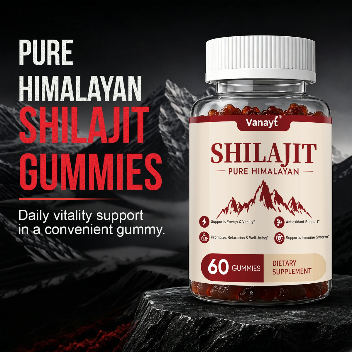 Vanayt Pure Himalayan Shilajit Gummies 3000mg Ashwagandha Ginger Herbal Supplement 60Pcs Support Energy Immunity Antioxidant