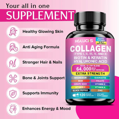 Collagen Complex Supplement with Biotin & Hyaluronic Acid, Hair Skin & Nails Support,Beauty Nutrition Formula for Skin Hydration