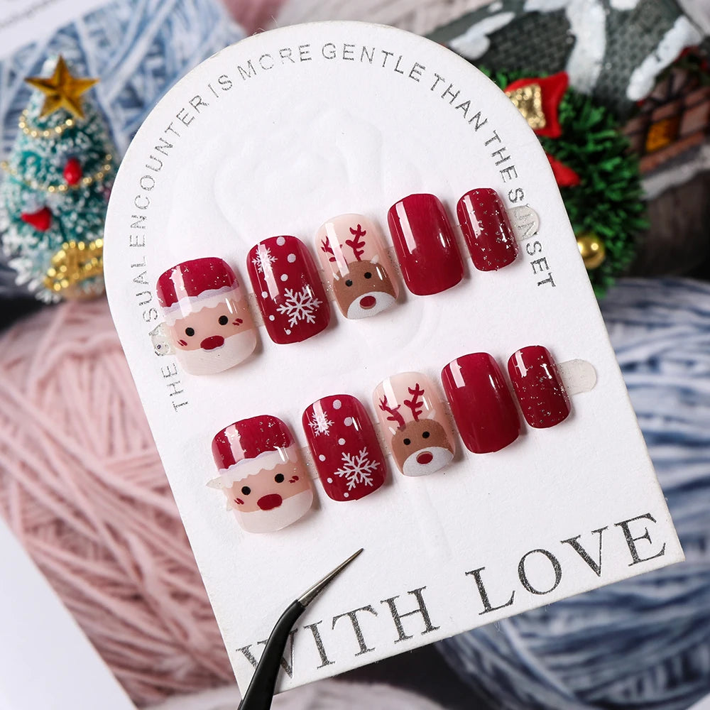 24Pcs Red Christmas Fake Nails Cute Santa Claus Reindeer & Snowflake Designs Artificial Nails Glossy Short Oval Press On Nails