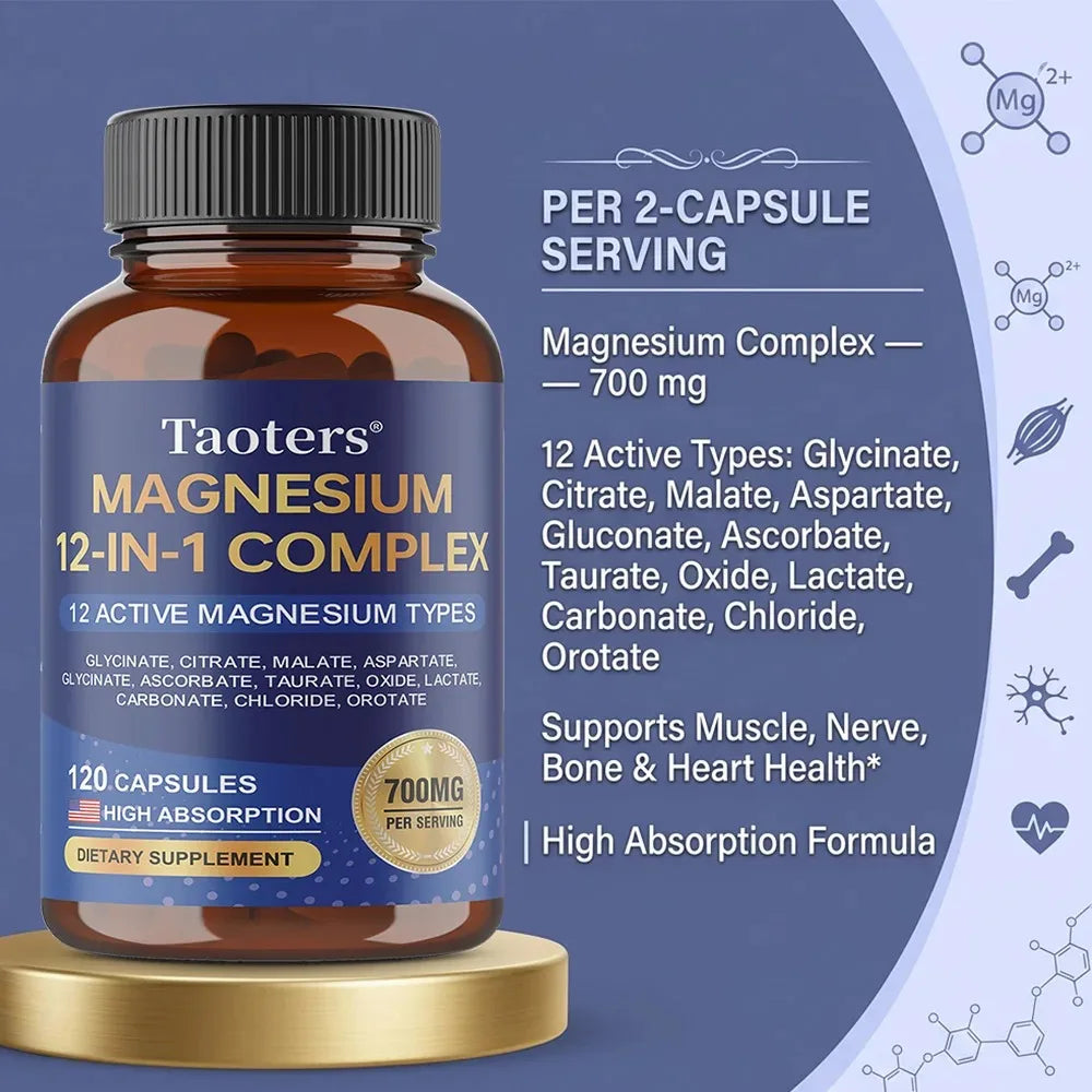 Magnesium Capsules for Adults, with Glycinate Citrate Taurate, Support Bone Density, Sleep Quality and Anxiety Relief