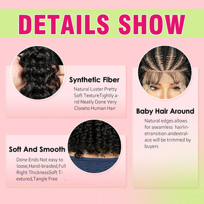 Cornrow Braided Curly Hair Wig Deep Wave Synthetic Hair Wigs with Baby Transparent 13x6 Lace Frontal 16in Hair Fits Black Women