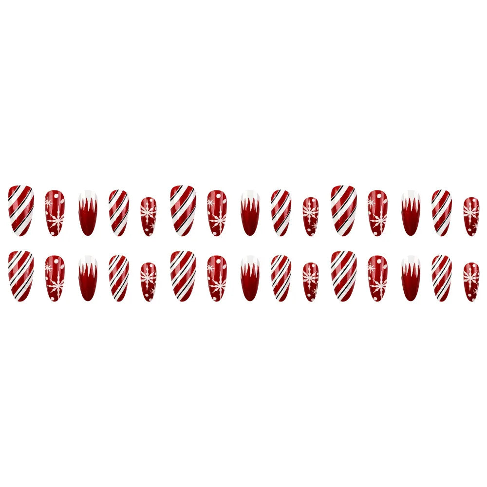 24pcs Christmas Red Metallic Press On Nails Luminous Glow In Dark Snowflake Candy Stripe Fake Nail Long Almond False Nail