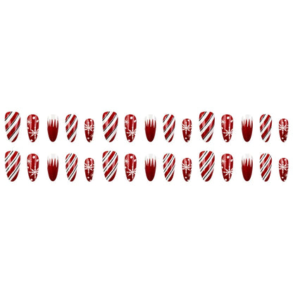 24pcs Christmas Red Metallic Press On Nails Luminous Glow In Dark Snowflake Candy Stripe Fake Nail Long Almond False Nail