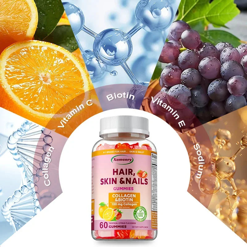 Hair, Skin & Nails Gummies - Supports Hair Growth, Strengthens Nails, Promotes Radiant Skin, Powerful Antioxidant